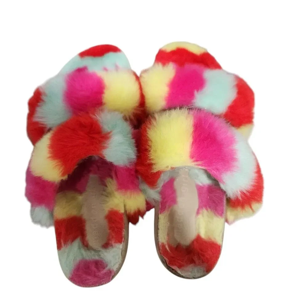 Women’s‎ Faux Fur Slide Sandals Multicolor Rainbow Plush Slippers Size 6